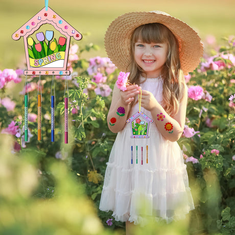 12PCS Birdhouse Wind Chime Kit for Kids Make Your Own Hollow Out Bird House Wind Chime DIY Coloring Wood Crafts Spring Wooden Arts and Crafts for Boys Girls School Activities Party Decoration TREACLUB