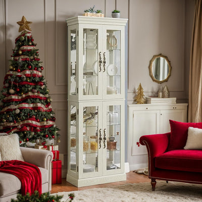CKEASEAN Curio Cabinet 71" Lighted Glass Display Cabinet, Display Curio Cabinet with Adjustable Glass Shelves Vintage, China Cabinet Light Bulb Included, Curio Storage Cabinet with 6 Shelves (White)