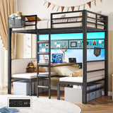 DICTAC Twin Over twin Bunk Bed with Led Lights and Charging Station Convertible Metal Twin Loft Bed with Desk and Seat bunk bed with Desk & Stair for Teen,Safety Guardrails,Black(Cushion not Included) DICTAC