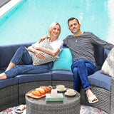 SUNSITT Outdoor Patio Furniture 11-Piece Half-Moon Sectional Round Patio Furniture Set Curved Outdoor Sofa with Tempered Glass Round Coffee Table, 4 Pillows, Grey Rattan & Denim Blue Cushion SUNSITT