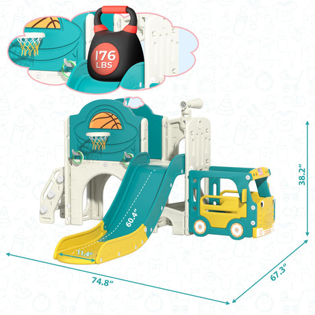 NYEEKOY 9-in-1 Toddler Slide, Bus-Themed Baby Slide and Climber Playset with Basketball Hoop, Ring-Toss, Car Playhouse, Kids Indoor and Outdoor Playground Nyeekoy