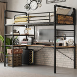 IDEALHOUSE Loft Bed Twin Size with l-Shaped Desk, Metal Bunk Bed with 2 Open Shelves and Decorative Mesh, Twin Loft Bed with 13.4" h Safety Guard & Ladder,No Box Spring Needed,Brown IDEALHOUSE