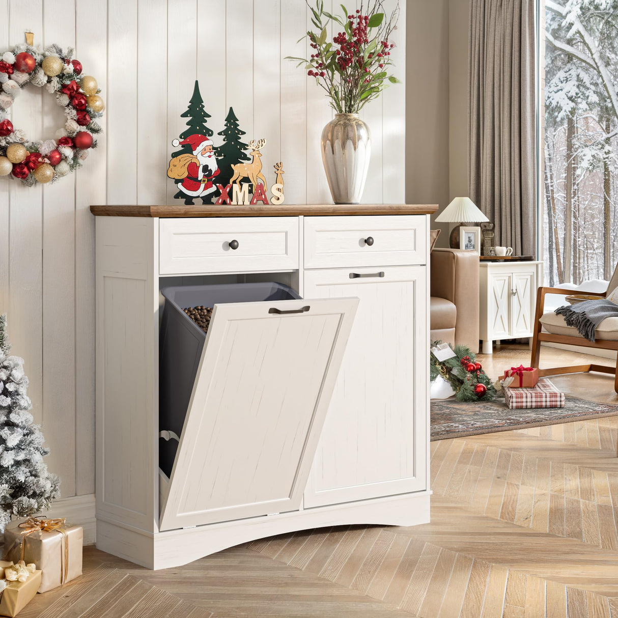 NEWOWNDS Tilt Out Trash Can Cabinet, Dog Proof Trash Can Storage Cabinet with 2 Drawers, Adjustable Shelf, Kitchen Island with Trash Can Storage, Hidden Trash Cabinet (White, Dual Doors) NEWOWNDS