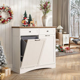 NEWOWNDS Tilt Out Trash Can Cabinet, Dog Proof Trash Can Storage Cabinet with 2 Drawers, Adjustable Shelf, Kitchen Island with Trash Can Storage, Hidden Trash Cabinet (White, Dual Doors) NEWOWNDS