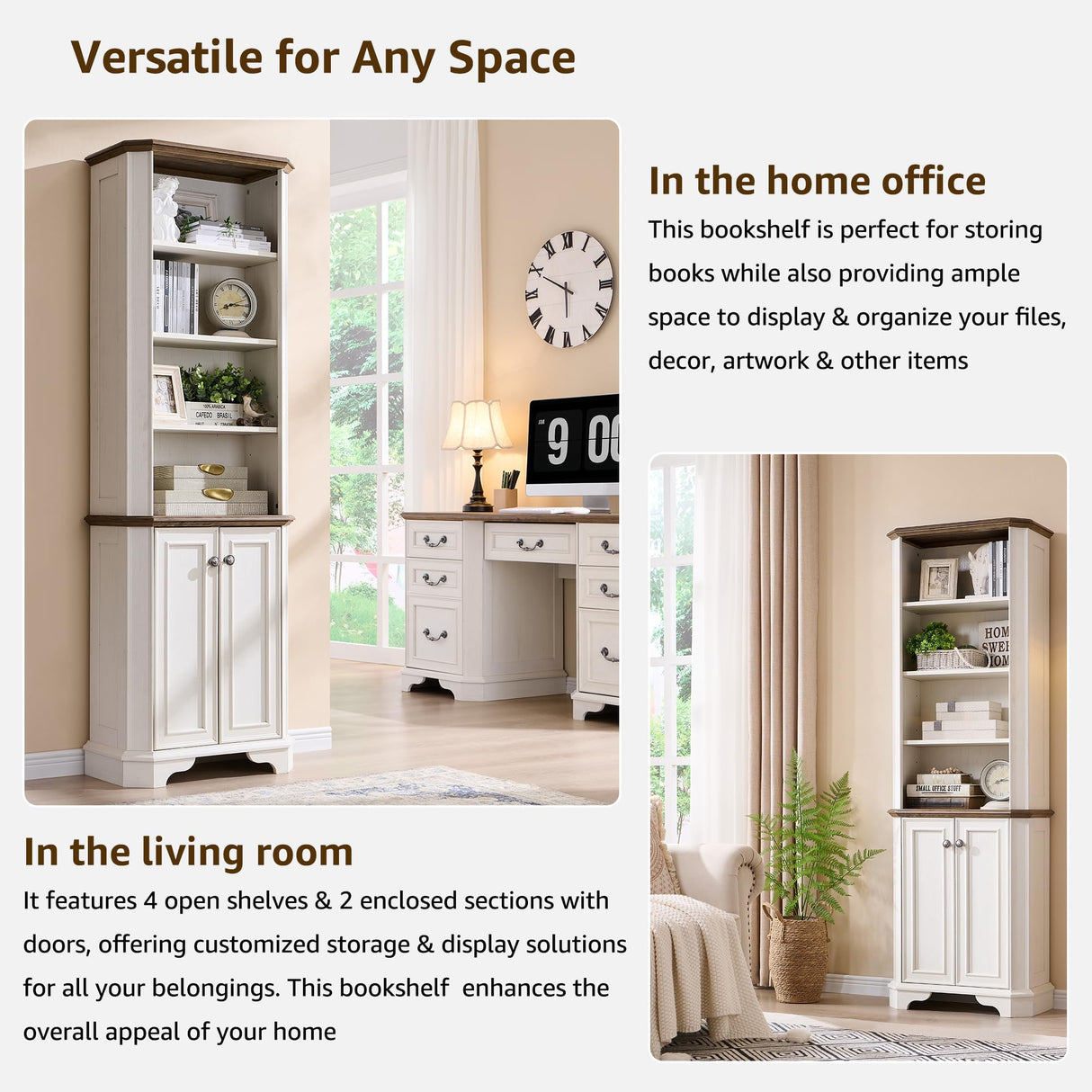 T4TREAM 6-Tier Bookshelf with Storage, 72" Tall Farmhouse Bookcase with Doors and Adjustable Shelves, Wooden Floor Standing Display Book Shelf Organizer for Home Office, Antique White T4TREAM