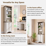 T4TREAM 6-Tier Bookshelf with Storage, 72" Tall Farmhouse Bookcase with Doors and Adjustable Shelves, Wooden Floor Standing Display Book Shelf Organizer for Home Office, Antique White T4TREAM