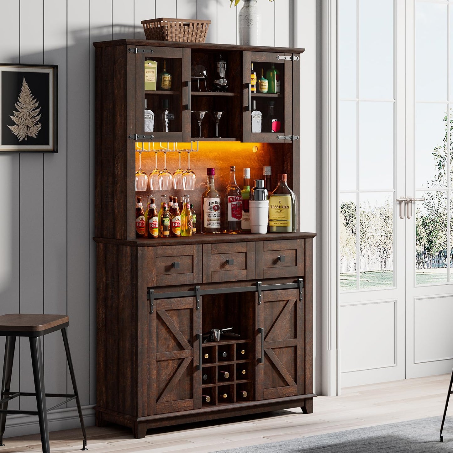 LUXOAK 72" Coffee Bar Wine Cabinet with Sliding Barn Door & LED Lights, Sideboard Buffet Cabinet with Wine Bottle Rack, 3 Drawers, Storage Cabinet for Kitchen, Dining Room, Brown - WoodArtSupply