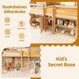 TOLEAD Low Loft Bed Twin Size with LED Lights, Twin Bed Frames for Kids, Kids Loft Bed with 14" H Safety Guardrail, Wood Twin Loft Bed with Storage Cabinet and Under-Bed Play Space (Natural) TOLEAD