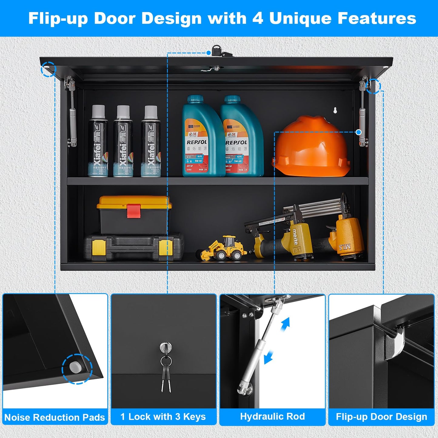 Polup Garage Wall Storage Cabinets with Up-Flip Door, Open Shelf Metal Tool Cabinet, Wall-Mounted Locking Cabinet, 20”H One Door Utility Upper Cabinet for Garage Basement Workshop-Assembly Required