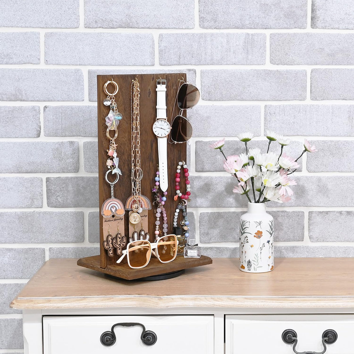 Ikee Design Wooden Rotating Two-Sided Jewelry Display Stand, Rotating Organizer with 32 Hooks for Store, Earring Keychain Display with Hooks, Brown color, 9 W x 7.5 D x 16.5 H in Ikee Design