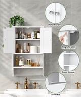 Irontar Small Medicine Cabinet with Towel Bar, Modern Bathroom Wall Cabinet with 2 Lined Doors, Over the Toilet Storage Cabinet with Adjustable Shelf, for Bathroom, Living Room, Kitchen, White CWG018W Irontar