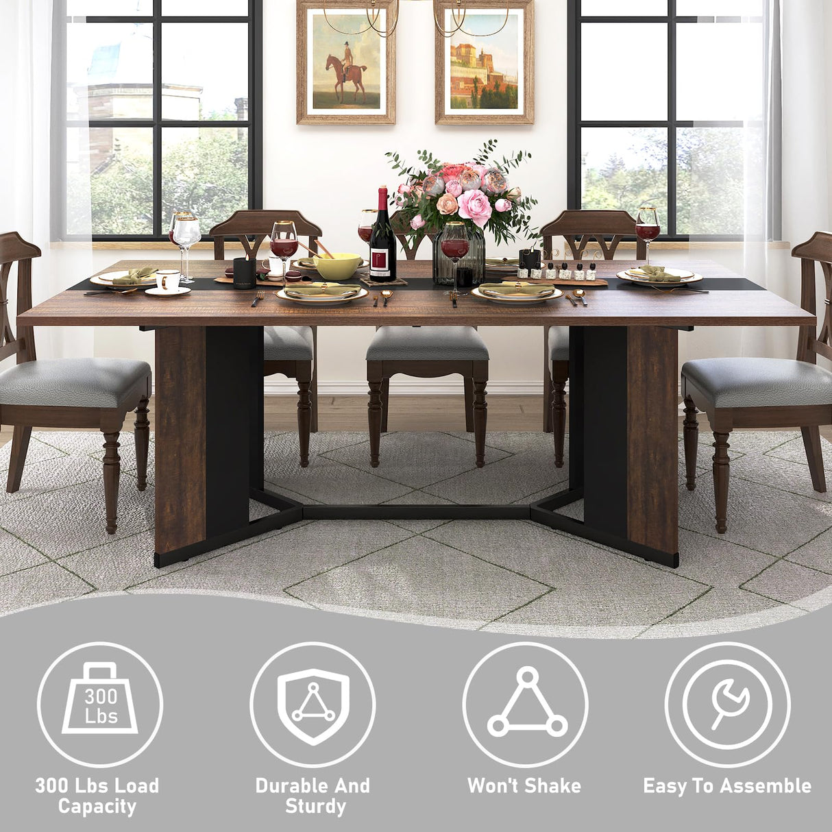 Hlivelood 71In Large Rectangular Dining Table for 4 5 6 7 8 People w/35 Marble-Color Wood Watrproof Brown Tabletop,Adjustable Leg.6ft Luxurious Family Dinner Table for Office Kitchen Living Room Hlivelood