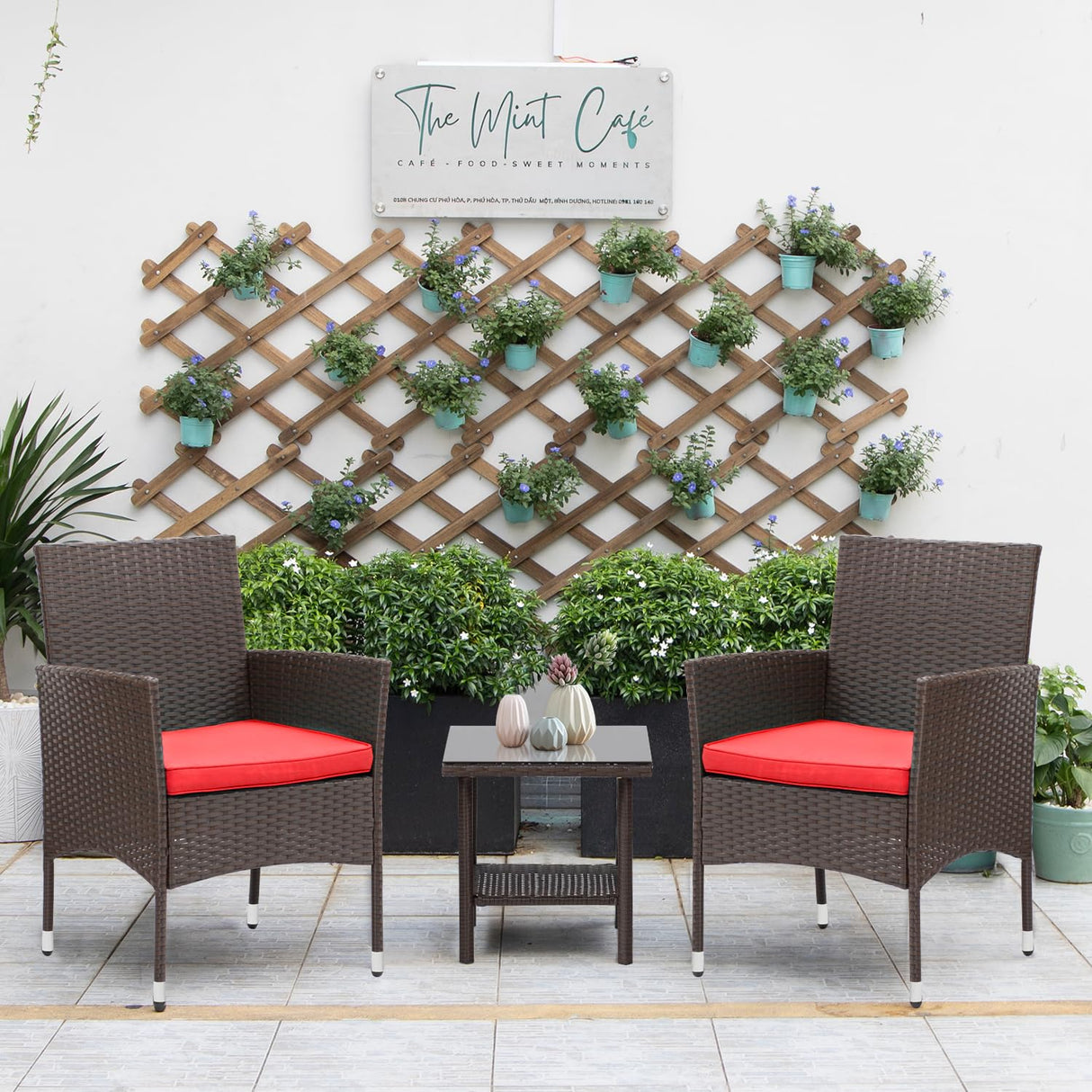 PayLessHere Set of 3 Outdoor Furniture Set Patio Furniture Set Brown Conversation Set with 2 Rattan Chairs Glass Coffee Table for Coffee Bar Poolside Patio Outdoor, Red Cushions PayLessHere