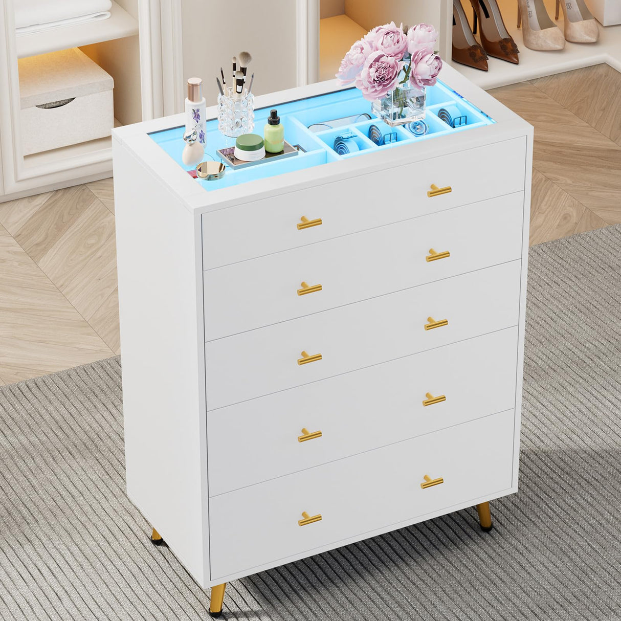 JanflyHome Closet Island with Drawers, Glass Top, Closet Island with LED Lights, Jewelry Dresser Display and Bedroom Island & Walk-in Closet Island for Bedroom, Cloakroom, White JanflyHome