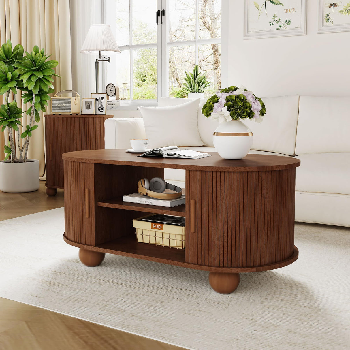 QEIUZON Rectangle Coffee Table, Fluted Coffee Tables for Living Room, Mid-Century Coffee Table Center Table with Storage & Sliding Doors for Apartment, Home Office (Walnut) QEIUZON