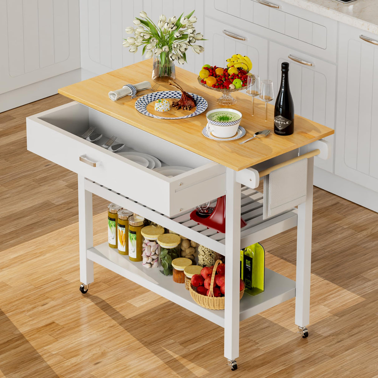 HiDSLiving Kitchen Island 42" Rolling Kitchen Island Cart On Wheels with Drawer Towl Rack 3 Tiers Rolling Utility Cart with Solid Wood Top Serving Trolley for Dining Room White HiDSLiving