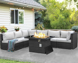 NICESOUL High-End Outdoor Patio Furniture Set with Natural Gas/Propane Firepits, 7 Piece Large Wicker Sectional Couches with Fire Table, 29.3'' High Back Deep Seating Comfy Conversation Sofas, Gray NICESOUL