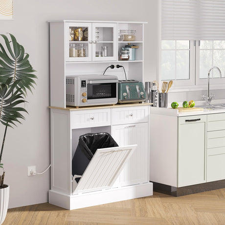 HOMCOM 68" Kitchen Pantry Storage Cabinet with Charging Station, 2 Tilt Out 10 Gallon Trash Can Cabinets and Drawers, Freestanding Kitchen Hutch with Glass Doors and Adjustable Shelf, White HOMCOM