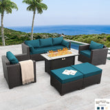 Patio Furniture Set 6-Piece Outdoor Furniture Set with 45'' Propane Gas Fire Pit Table Outdoor Conversation Set Wicker Sofa Set Non-Slip Cushions Waterproof Covers, Peacock Blue Rattan Star