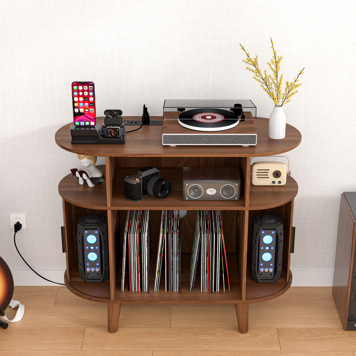 LUVIOHOME Round Record Player Stand, Mid-Century Record Player Table, Vinyl Record Player Shelf with Power Outlet Sideboard Buffet Cabinet, Storage Shelf for Living Room (Brown) LUVIOHOME