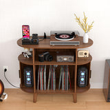 LUVIOHOME Round Record Player Stand, Mid-Century Record Player Table, Vinyl Record Player Shelf with Power Outlet Sideboard Buffet Cabinet, Storage Shelf for Living Room (Brown) LUVIOHOME