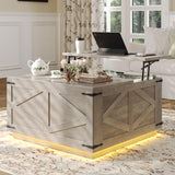 Farmhouse Coffee Table with Storage, Lift Top Coffee Table Square Wood Center Table with LED Light, Charging Station and Hidden Compartment Coffee Tables Rustic Furniture for Living Room (Gray) Jocoevol