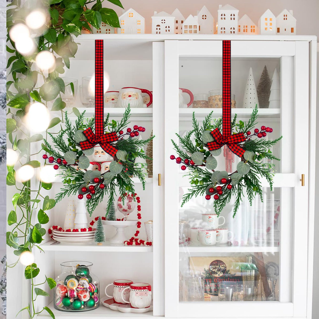 2Pcs Christmas Wreath, 10 Inch Mini Wreaths for Kitchen Cabinets, Christmas Door Wreath, Small Christmas Wreath for Fireplace Window Farmhouse Indoor Home Decorations JUSTOTRY