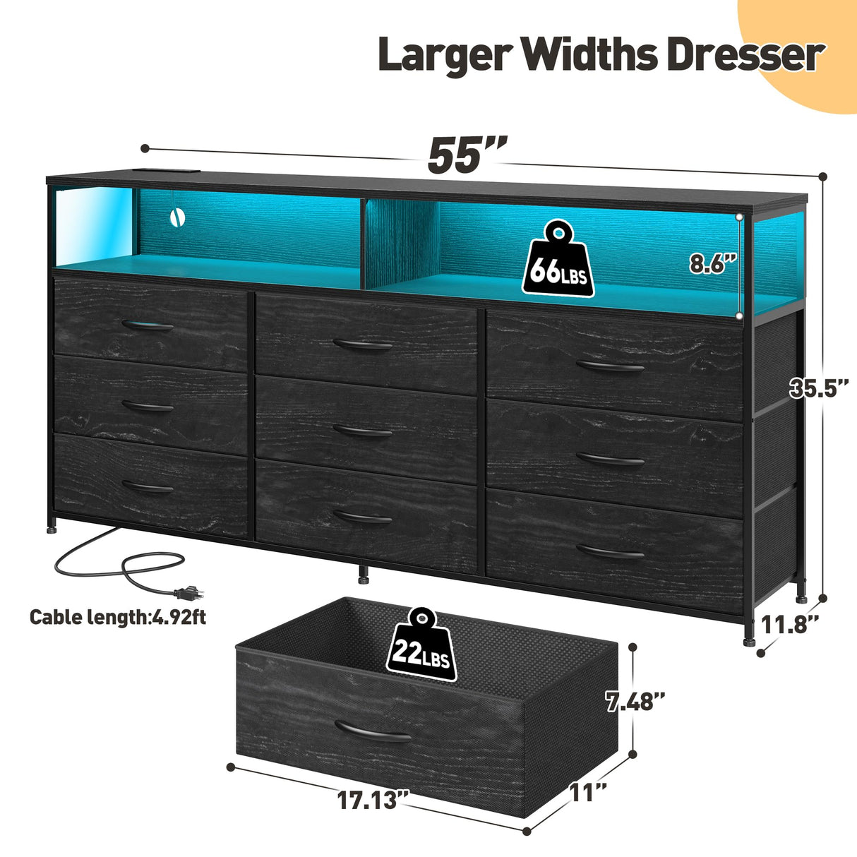 EnHomee 55" W Dresser TV Stand with Power Outlet & Lights for 65" TV, Dresser for Bedroom with 9 Fabric Drawers, TV Stand for Bedroom Dressers Console Table 55''W*11.8''*35.5'', Charcoal Black EnHomee