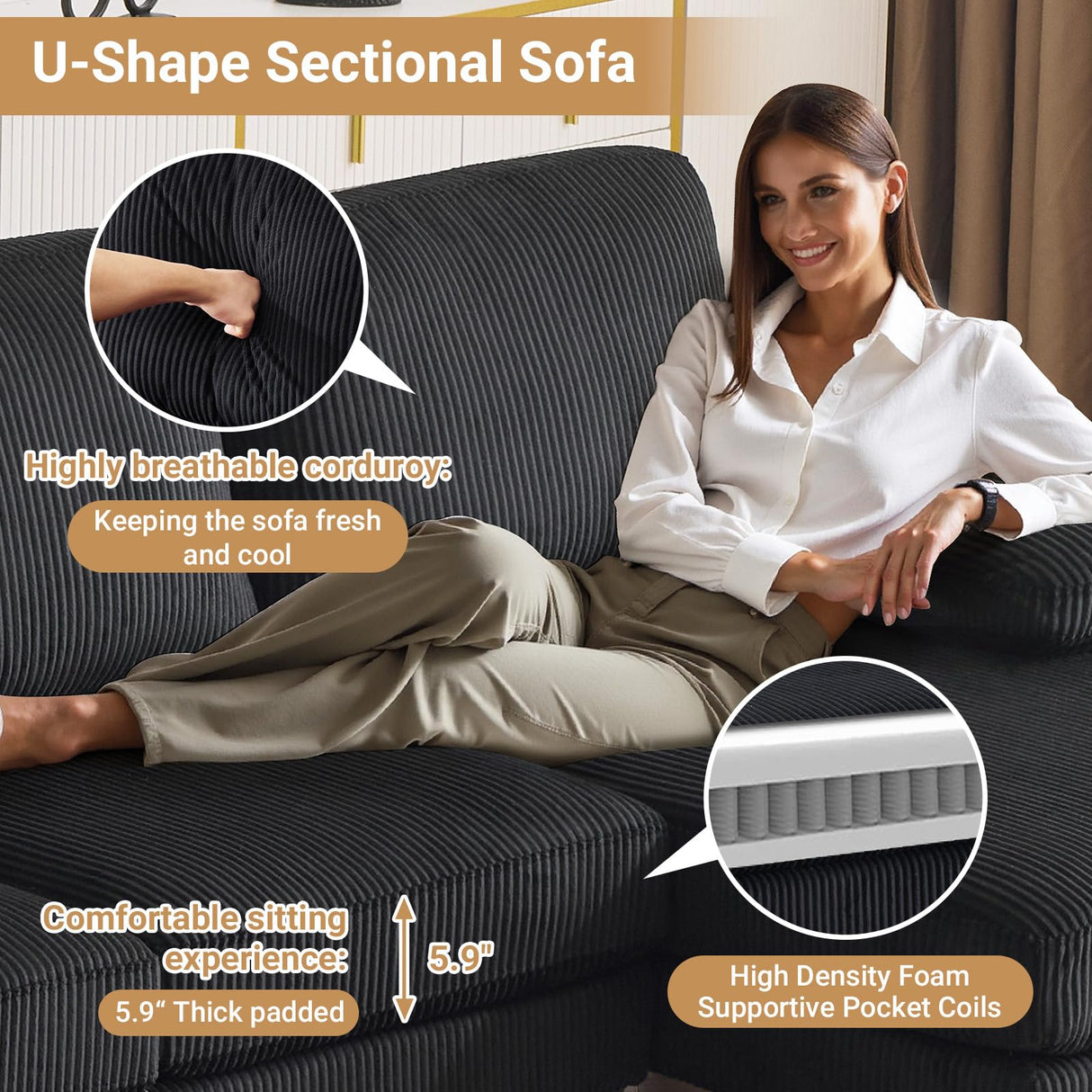 VINGLI 110" Sectional Couches for Living Room,U Shaped Couch with Double Chaise, 4-Seat Sofa Set with Corduroy Fabric for Home Furniture,Black VINGLI