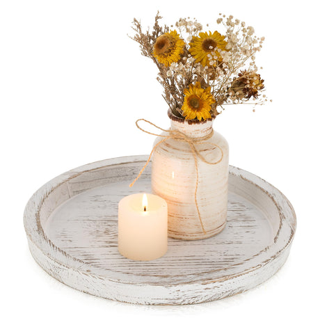 Romadedi Rustic Wooden Tray Candle Holder - Round Wood Decorative Pillar Candle Tray for Coffee Table Farmhouse Kitchen Countertop Organizer Home Decor Wedding Centerpiece, Distressed White Romadedi