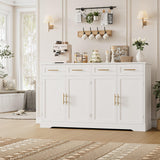 HOSTACK 60" Large Buffet Sideboard with Storage, 36" Tall Kitchen Buffet Storage Cabinet with 4 Drawers, Modern Coffee Bar Cabinet with Gold Handles, Long Sideboard Buffet Table for Kichen, White HOSTACK