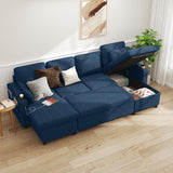DURASPACE Sofa Bed Pull Out Couch Sleeper with Double Storage Chaise, U Shaped Convertible Sectional Sleeper Sofa for Living Room with USB Charging Ports, Cup Holder (Blue) DURASPACE