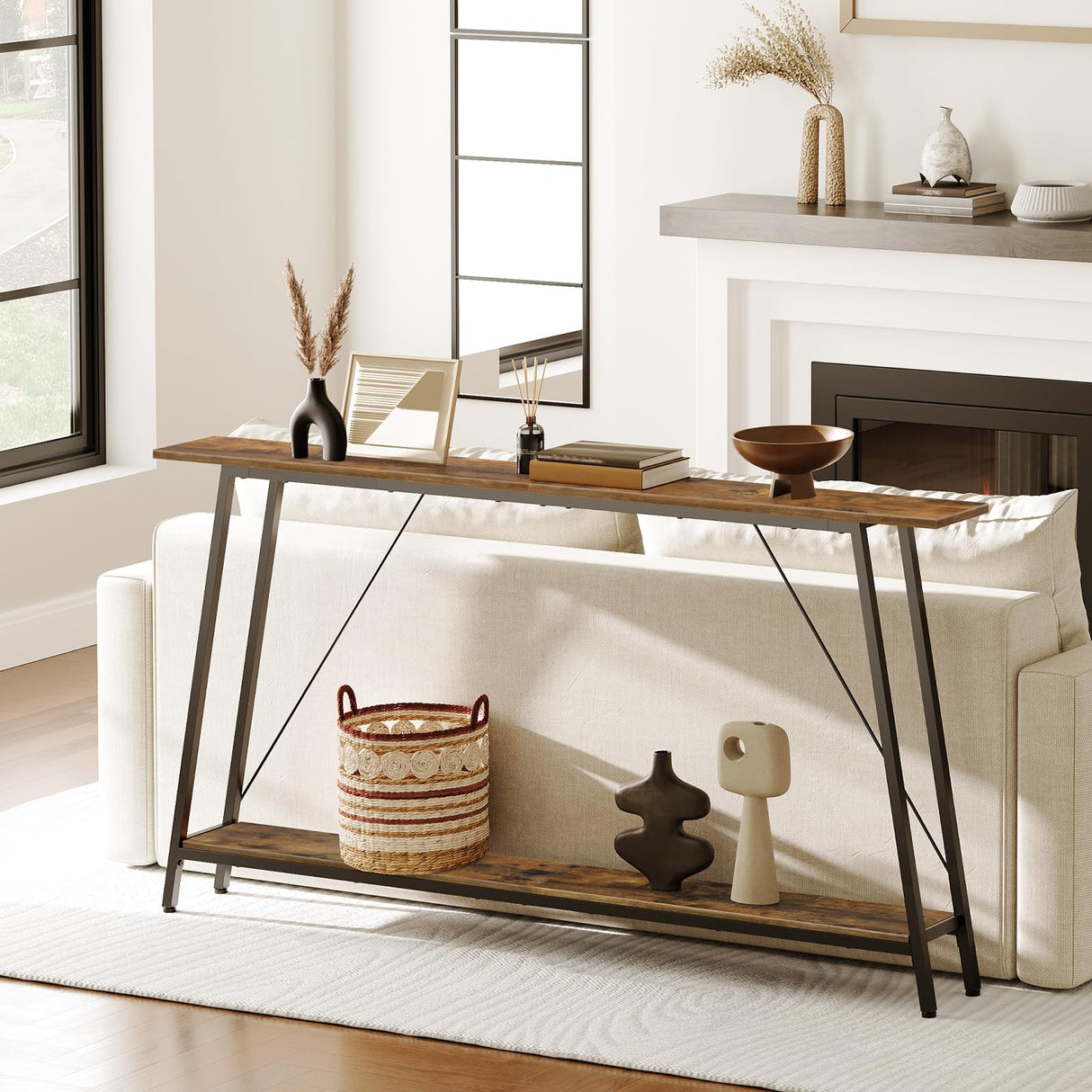 YATINEY 63" Console Table, Narrow Long Entryway Table, Industrial Skinny Sofa Tables, 2-Layer Hallway Table for Entryway, Display Table Behind Couch, Rustic Brown and Black CT16BR YATINEY