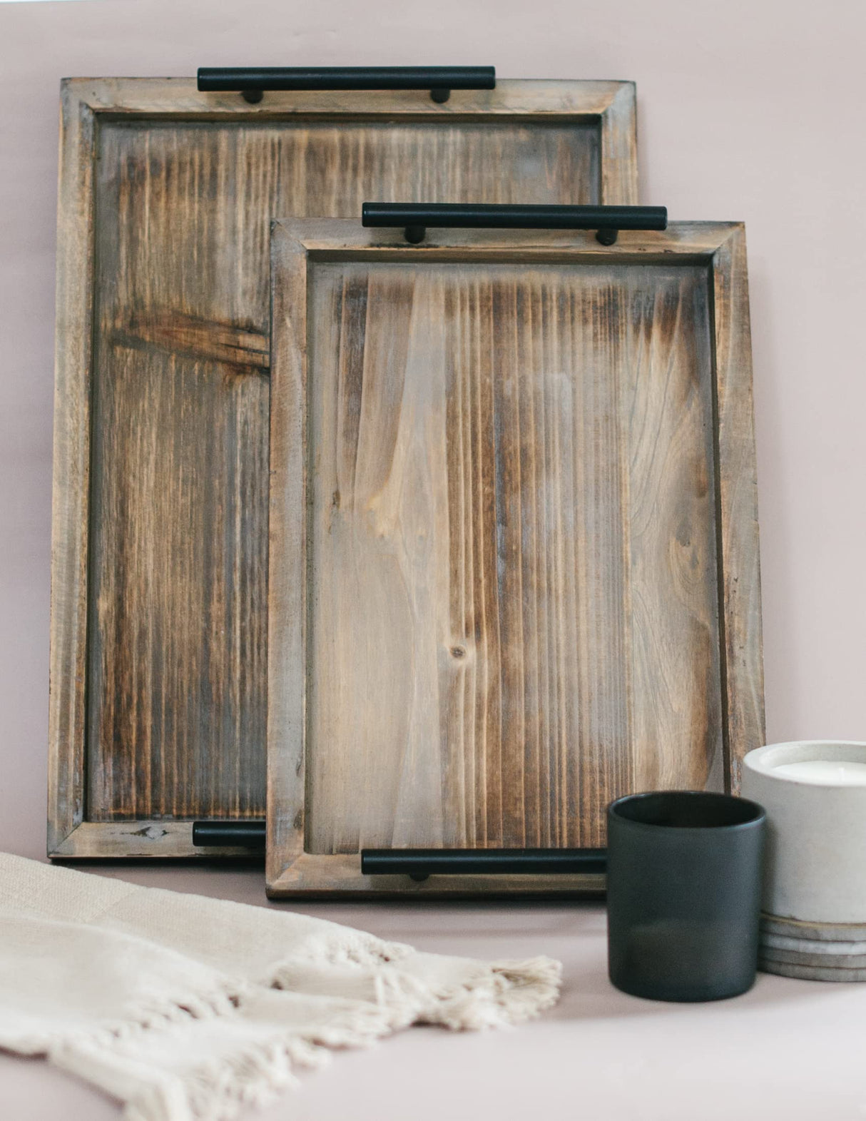 Decorative Ottoman Serving Tray Wooden Rustic (Set of 2), Rustic Brown | Black Sleek Metal Handles | 4 Matching Coasters | Coffee Table Decor | Serving Kitchen Platter | for All Occasions Summit Living