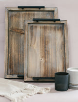 Decorative Ottoman Serving Tray Wooden Rustic (Set of 2), Rustic Brown | Black Sleek Metal Handles | 4 Matching Coasters | Coffee Table Decor | Serving Kitchen Platter | for All Occasions Summit Living