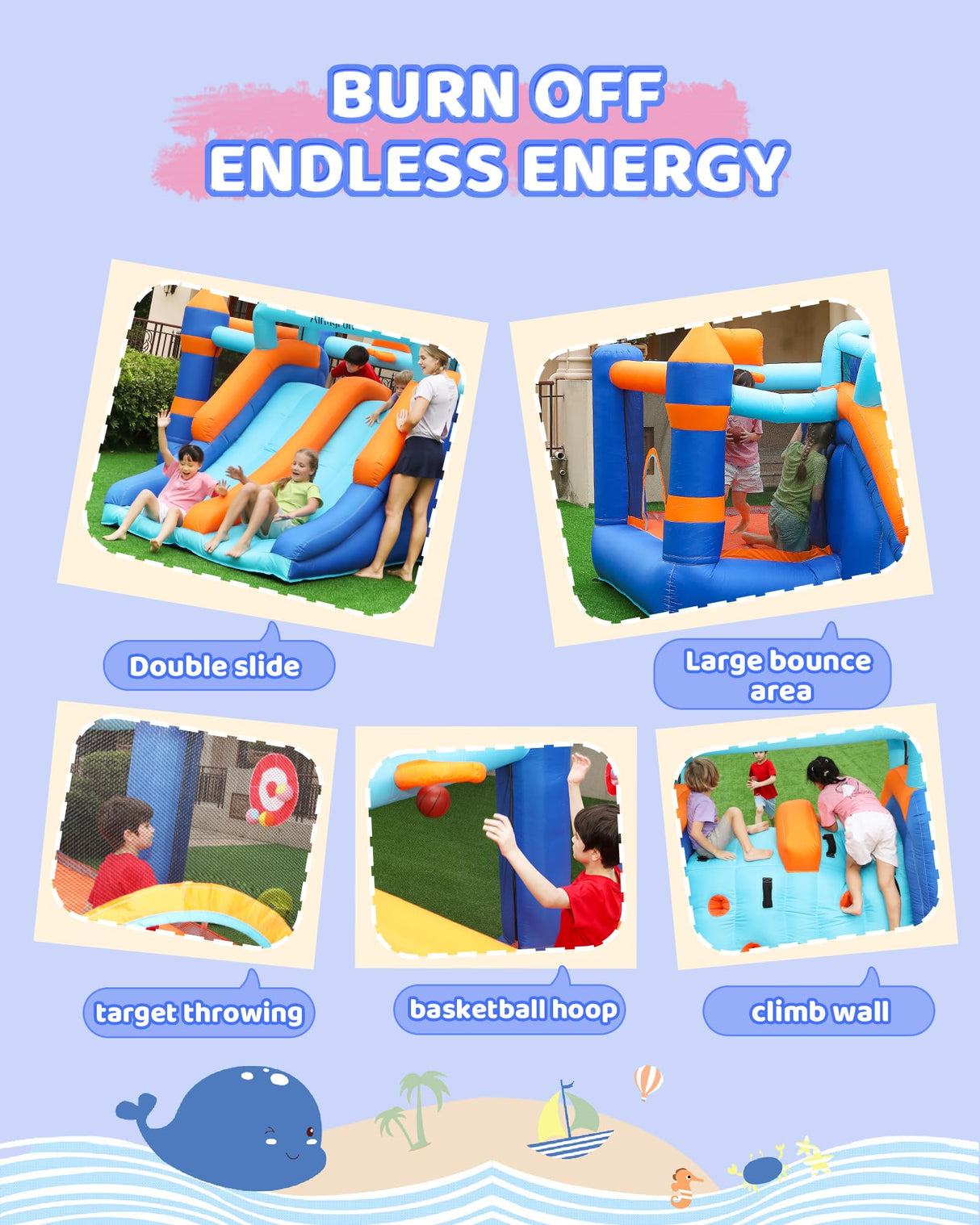 AirMyFun Inflatable Bounce House, Bouncy House with Double Slide,Jumping Bouncing House, Bounce Castle for Kids Indoor Outdoor, Playhouse with Basketball Rim, Pitching Game AirMyFun