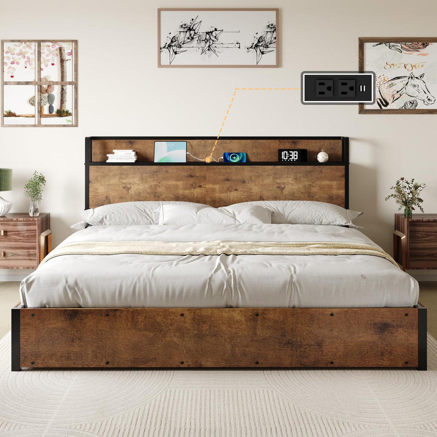 AMERLIFE King Size Lift-Up Storage Bed Frame with Charging Station in Rustic Brown - WoodArtSupply