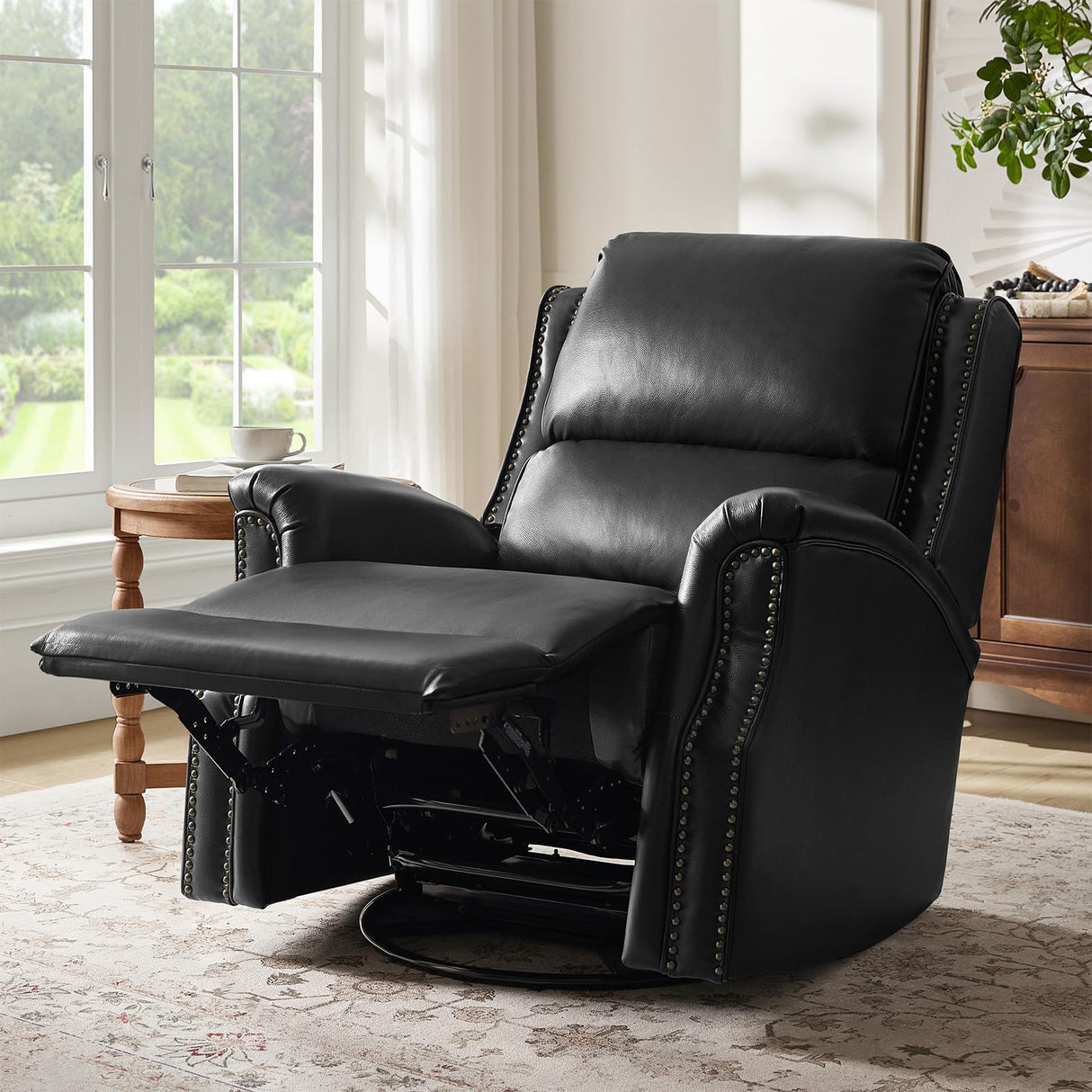 HULALA HOME Genuine Leather Recliner Chair, 360 Swivel Rocker Chair with Thick Seat, Classic Push Back Armchair with Backrest, Nailhead Trim, Black HULALA HOME