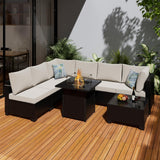 Ophelian 8 Pieces Outdoor Sectional Furniture, Rattan Wicker Patio Sofa Couch with 28in Gas Fire Pit Table,Conversation Sets for Backyard,Garden, Deck, (Coffee/Beige) Ophelian