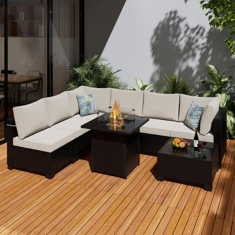 Ophelian 8 Pieces Outdoor Sectional Furniture, Rattan Wicker Patio Sofa Couch with 28in Gas Fire Pit Table,Conversation Sets for Backyard,Garden, Deck, (Coffee/Beige) Ophelian