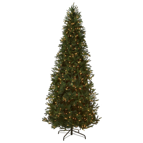 National Tree Company Pre-Lit 'Feel Real' Artificial Slim Christmas Tree, Green, Tiffany Fir, White Lights, Includes Stand, 9 Feet National Tree Company