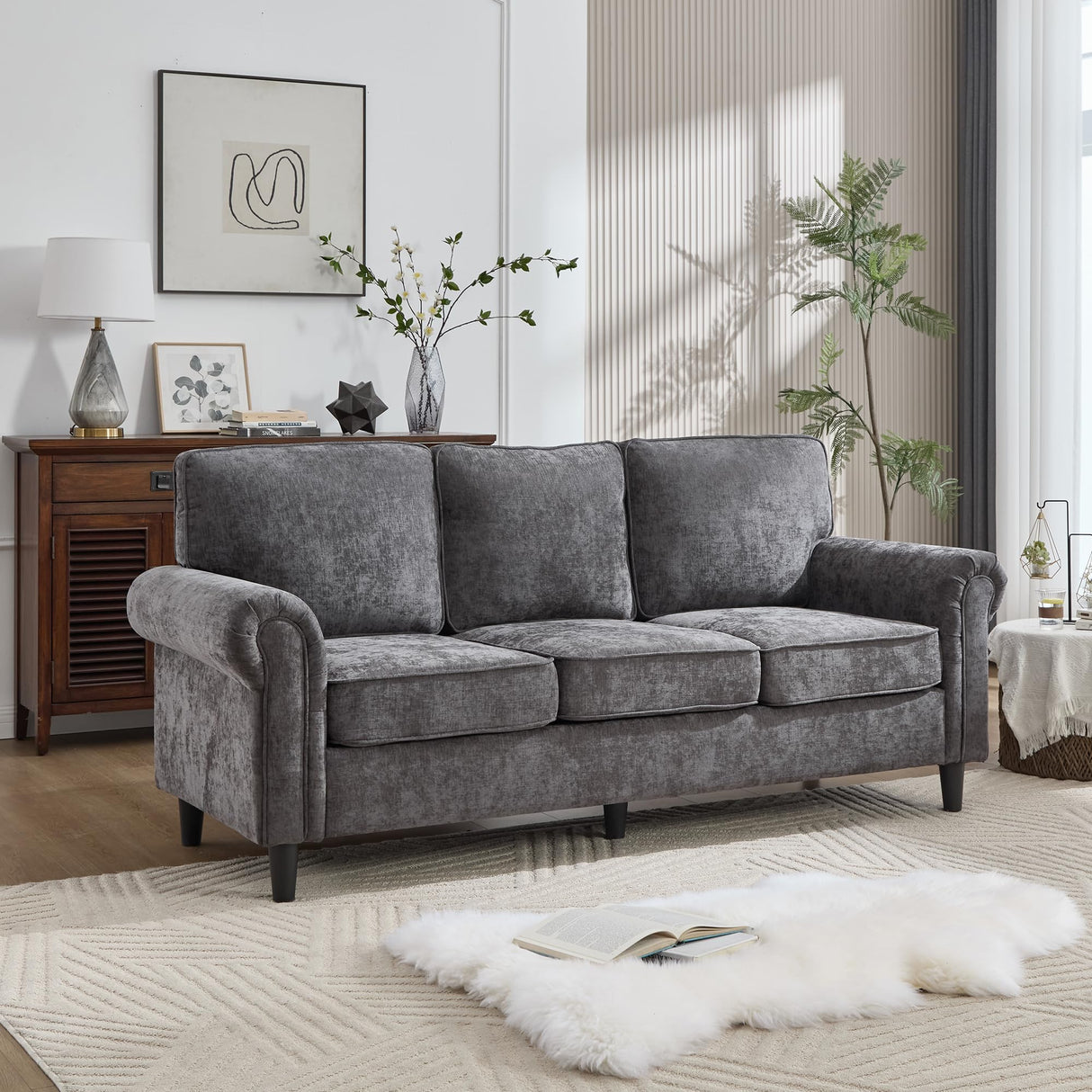 Kingfun 3 Seater Couch, Mid Century Modern Sofa with Rolled Arms and Deep Seats, Fluffy Comfort for Living Room, Apartment, Easy Assembly, Gray Kingfun