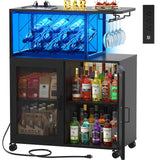 Girapow Small Bar Cart with Wheels, Liquor Cabinet with LED Light, Wine Bar Cabinet with Power Outlets, Home Mini Bar with Wine Rack, Glasses Storage for Kitchen, Dining Room, Living Room, Black Girapow