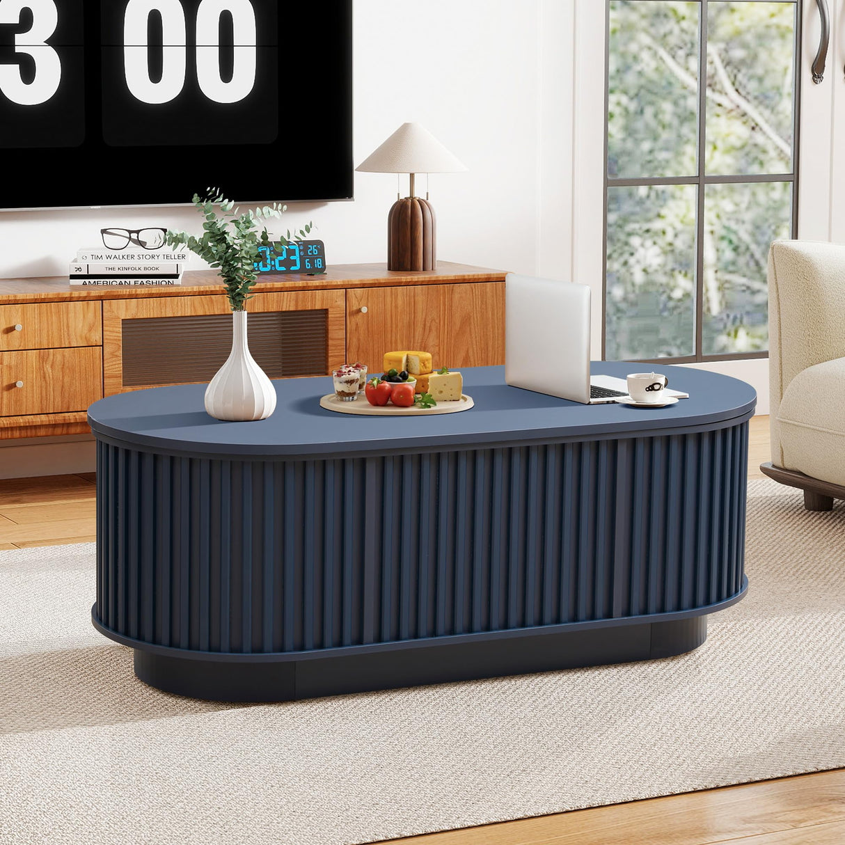 CHILILTDUS Oval Lift Top Coffee Table with Storage, 43.3”Mid Century Modern Center Table with Hidden Compartment, Fluted Wooden Lift Tabletop Dining Table for Living Room Apartment Home Office,Blue CHILILTDUS