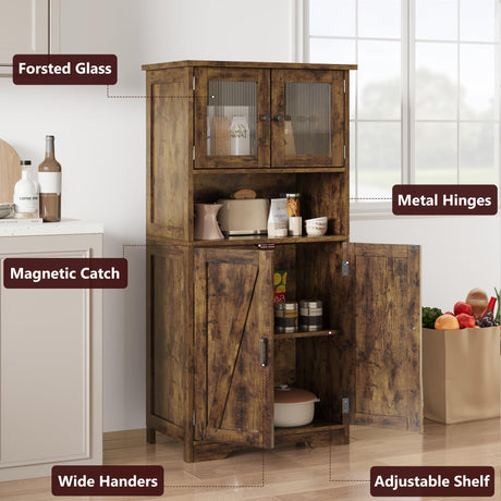 IDEALHOUSE Rustic Brown Freestanding Storage Cabinet with Glass Doors and Adjustable Shelves IDEALHOUSE