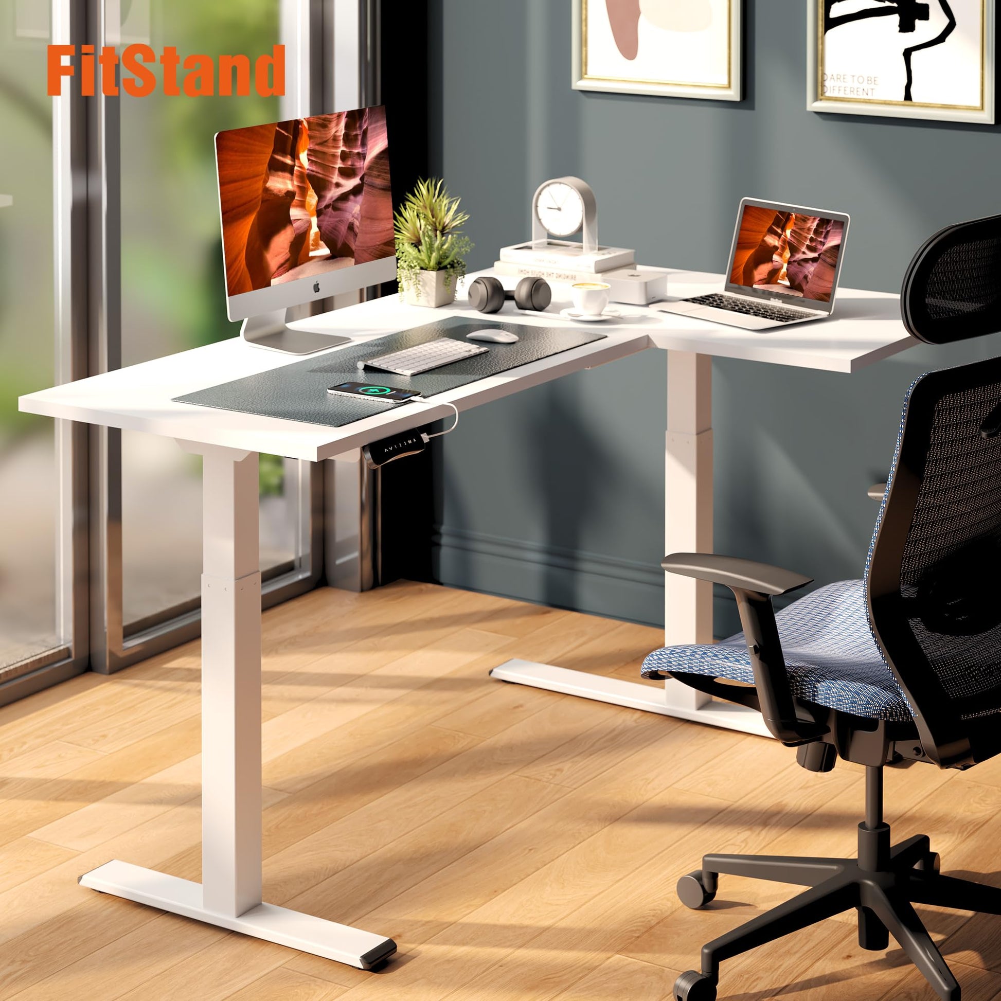 FitStand L Shaped Corner Standing Desk with Dual Motor, Large 71x48 Electric Height Adjustable Gaming Table, Stand up Home Office Desk Computer Workstation, White - WoodArtSupply