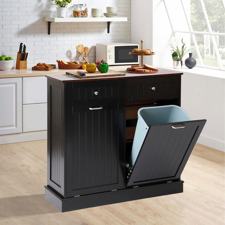 LOUVIXA Tilt Out Trash Can Cabinet Dog Proof with Double Wood Hidden Trash Can Holder, Kitchen Free Standing Recycling Cabinet（Black） LOUVIXA