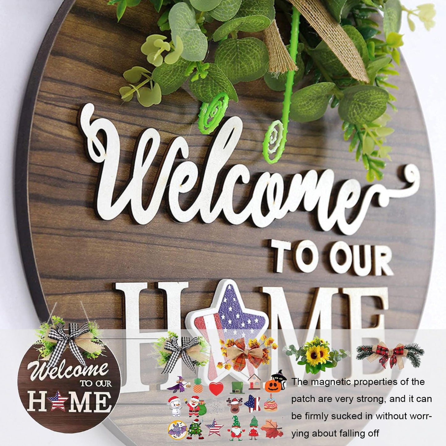 Interchangeable Welcome Front Door Sign Round Wood 4 Seasonal Wreaths 21 Changeable Icons Decoration Hanging Outdoor Farmhouse Porch for Easter Thanksgiving Halloween Christmas Independence Day