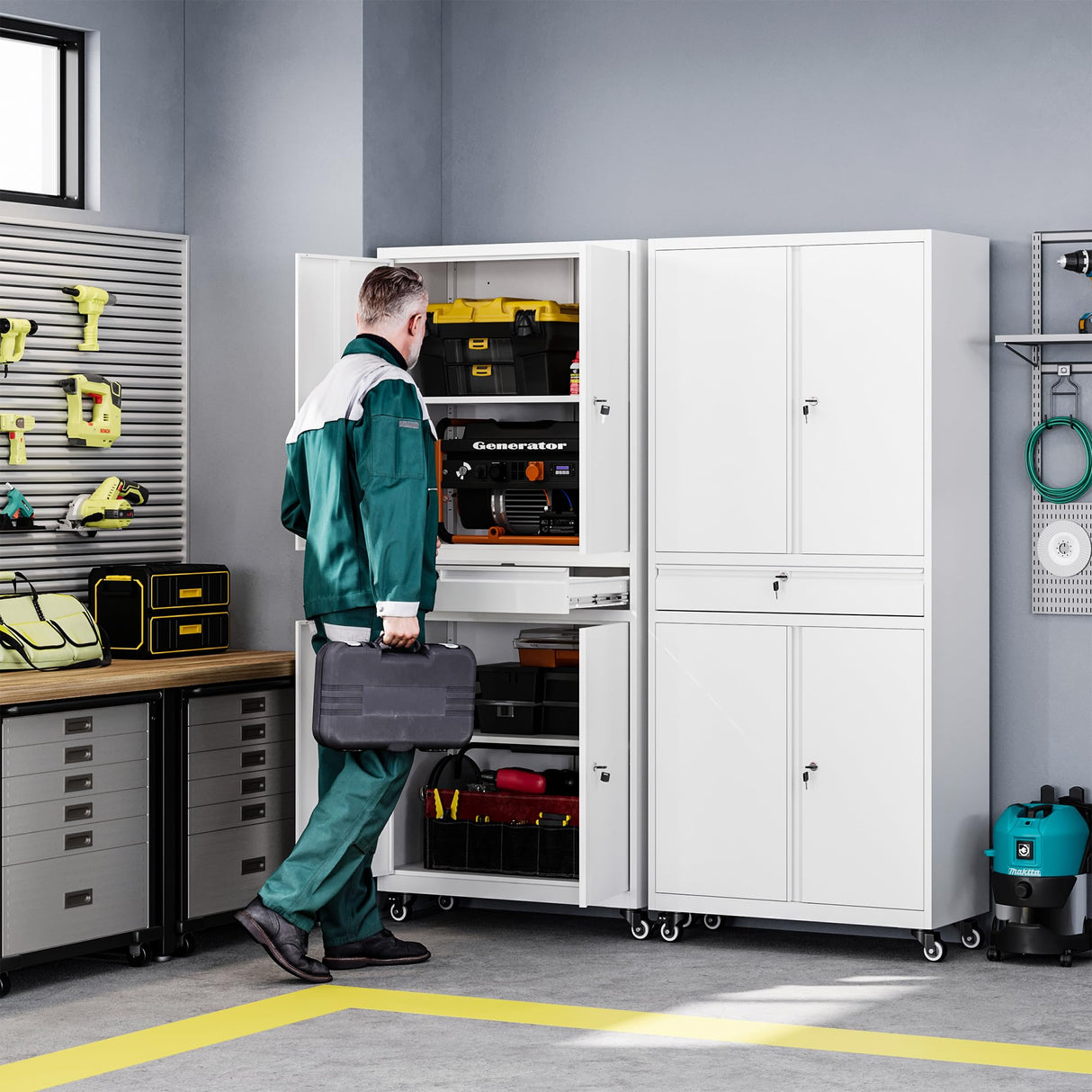 Letaya Metal Garage Storage Cabinet with Wheels,72“ Rolling Tool Cabinet with 4 Door Lock-Adjustable Shelves and Drawer for Garage Home Office Utility Room (White with Wheels) Letaya