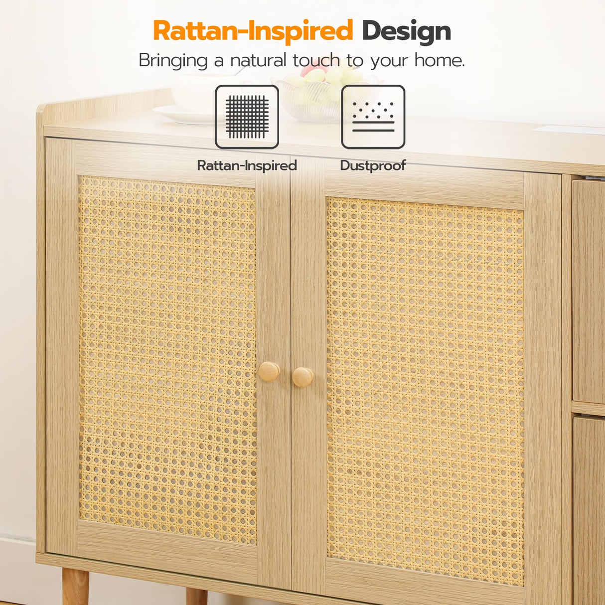 HOOBRO Buffet Cabinet with Power Outlet, 47.2" Kitchen Sideboard Storage Cabinet & LED Light, Rattan Decor Doors, Accent Cabinet Coffee Bar Cabinet Console Table for Hallway Entry, Natural NL120UDCB01 HOOBRO